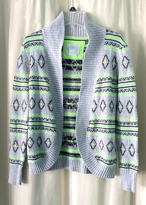 Justice Girls Glitter Sweater 14 Grey Bright Green & Black Geometric Accents - Image 1 of 4