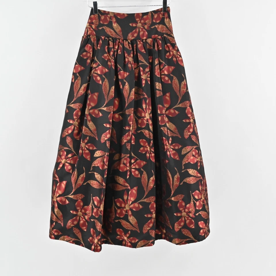 Vtg DAVID MEISTER Maxi Skirt Size 2 Pleated Black Red Floral Print High Waisted - Image 2 of 4