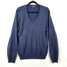Brooks Brothers Mens L Saxxon Wool V-Neck Sweater Blue Soft Lightweight Read