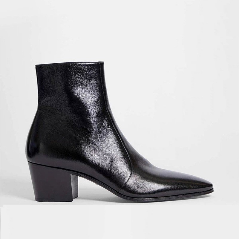Mens Shiny Leather Pointed Toe Side Zip Ankle Boots 6CM Heels Combat Boots Shoes