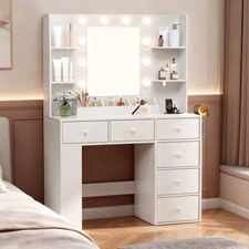 All-in-One Vanity Desk with Mirror  Lights  USB Ports 6 Drawers Dressing Table