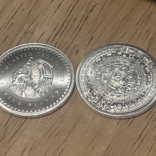 Aztec Calendar Stone Eagle Warrior 1/4 Oz Fine .999 Silver Set Of 2