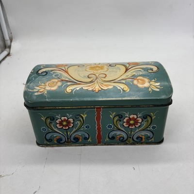 Vintage Norway Advertising Tin Box Domed Lid Rosemaling Scandinavian 7.5x4.5x4 