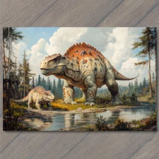 Art Print Two Spiky Dinosaurs March Past Pond Surrounded By Trees And Clouds