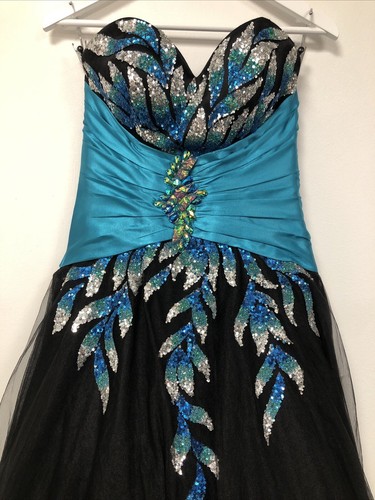 Precious Formals Ball Gown Prom Dress Tulle/Sequins, Boned, Turquoise/Black, UK6 - Picture 2 of 16