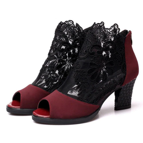 Womens Breathable Lace Ankle Boots Peep Toe Mid Block Heels Sandals Roman Shoes - Picture 4 of 19