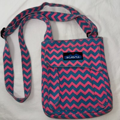 KAVU Crossbody Small Kid Bag Purse Hot Pink Blue Zigzag Print 9''x7'' Adjustable