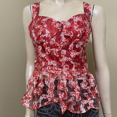 Women s Red White Floral Polyester Casual Summer Open Layered Size M Blouse Top