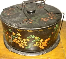 Antique tole painted primitive flowers painted cheese or cake holder  box 