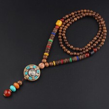 Nepal Long Buddhist Wood Beaded Pendant Necklace Ethnic Buddha Lucky Jewelry