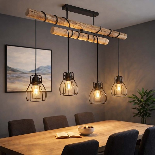 Esszimmerleuchte HäNgelampe Pendelleuchte KäFig HöHenverstellbar Holzbalken Led-image