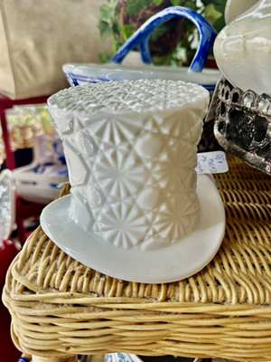 Milk Glass White Textured Geometric Pattern Glass Top Hat Vintage Glossy Finish
