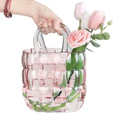 Unique Pink Purse Vase Flowers,11'' Handmade Thicken Bubbled Glass Bag Vases