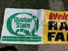 Vtg Quaker State Banner - RACING OIL, ‘WELCOME RACE FANS’ NASCAR FLAG 104” x 27”