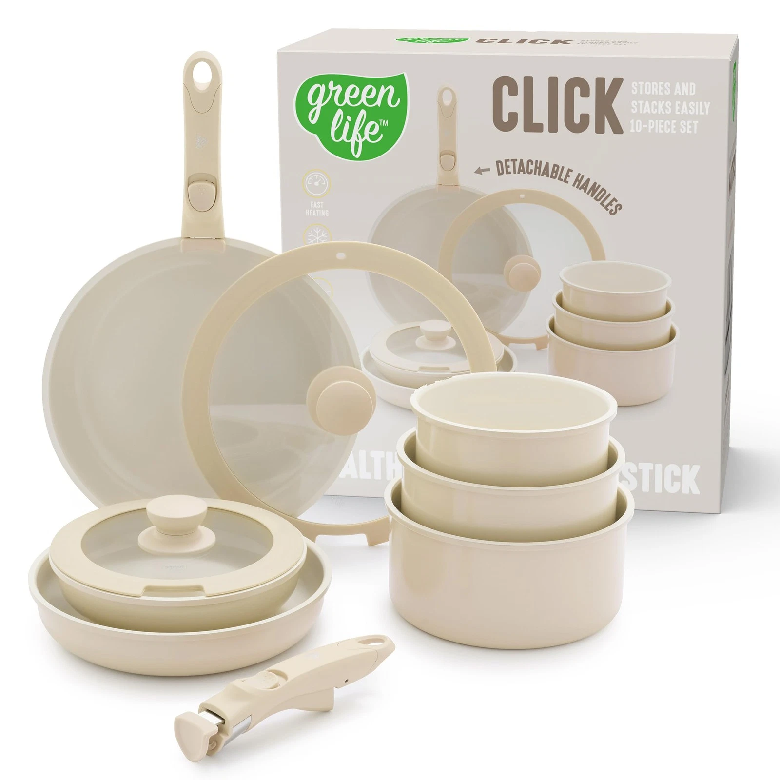 GREENLIFE 10 PIECE NONSTICK POTS PANS SET DETACHABLE HANDLE STACKABLE COOKWARE