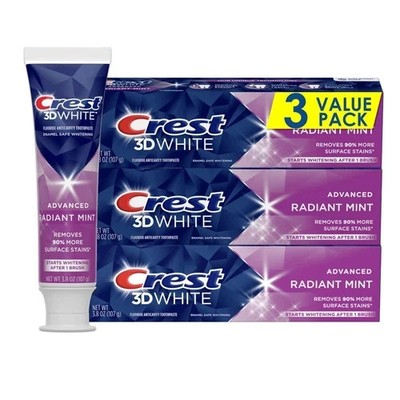 Crest 3D White Toothpaste Radiant Mint, 3.3 Oz (280g) - Pack of 3