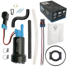 QFS 525LPH E85 Compatible Fuel Pump +Install Kit +Flex Hose for Ford Mustang