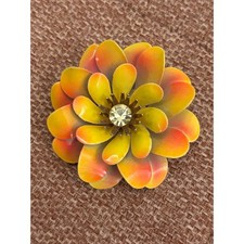 Vintage 60s Enamel Flower Brooch Yellow Orange Ombre Rhinestone Floral Pin