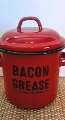 Enamel Bacon Grease Canister Pot with Lid - Rustic Large Capacity Vintage Look
