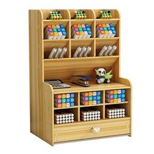 Wooden Desk Organizer with Drawer, Large Capacity DIY Pen Holder Storage Box ...