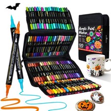 120 Colors Acrylic Paint Markers, Dual Tip with Fine Tip and Brush Tip Pens f...