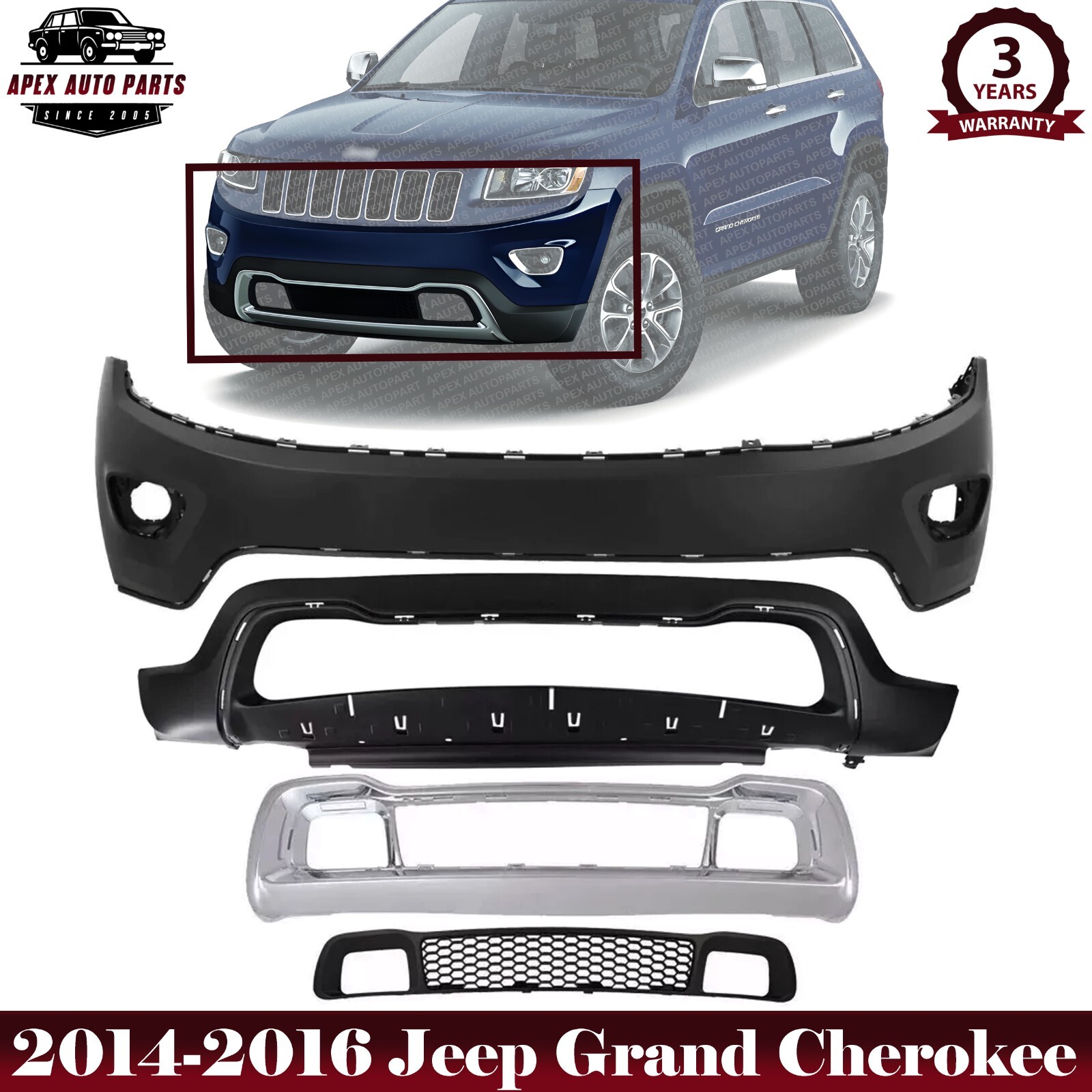 Front Bumper Cover & Grille Set Kit For 2014-2016 Jeep Grand Cherokee
