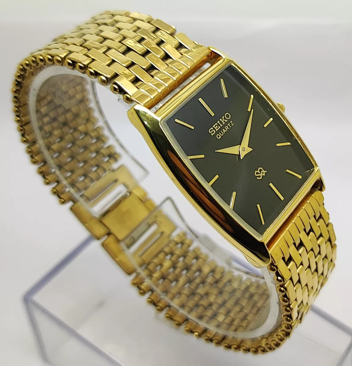 Seiko Slim Quartz Gold Plated Roman Black Dial Men s Wrist Watch Japan Made