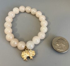 BRACELET Cloudy White Beads Gold Elephant Charm Rhinestones, Stretchy Cute 