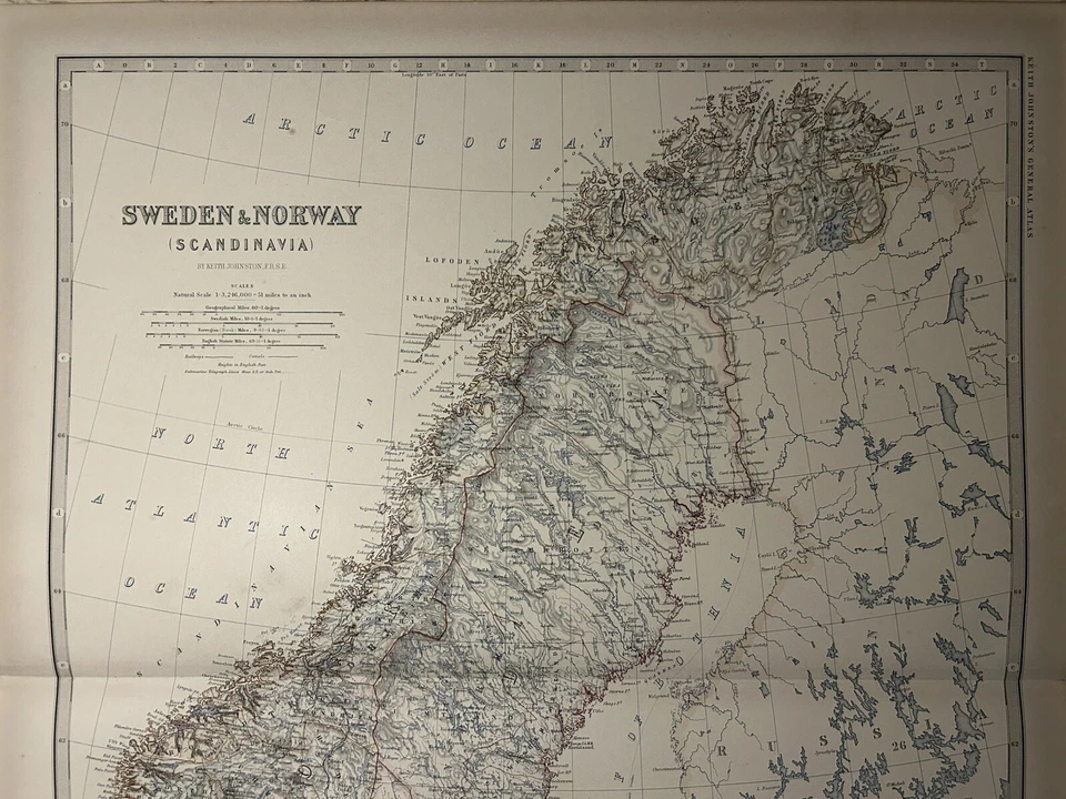 Mapa antiguo original grande coloreado a mano de Suecia y Noruega de 1881 de Johnston Foto 3 de 3