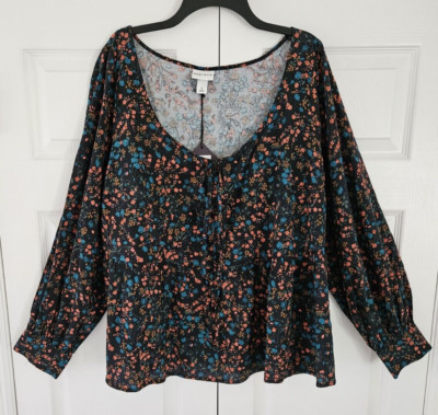 AVA & VIV Size 1X Long Sleeve Peasant Blouse Tie Detail Peplum Black Floral NWT