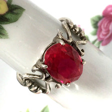 Vtg SHUBE Sterling Silver Lab Created Ruby Ring Oval Cut Size 6.25