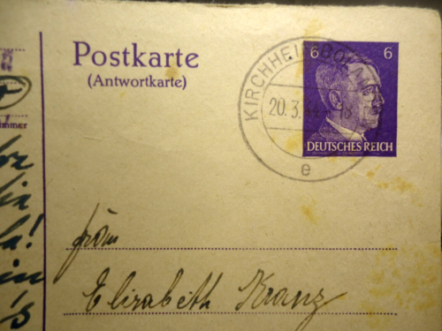 Postkarte Kirchheimbonlanden Saar / Rheinpfalz 20.3.1944  nach Grünstadt - Bild 1 von 4