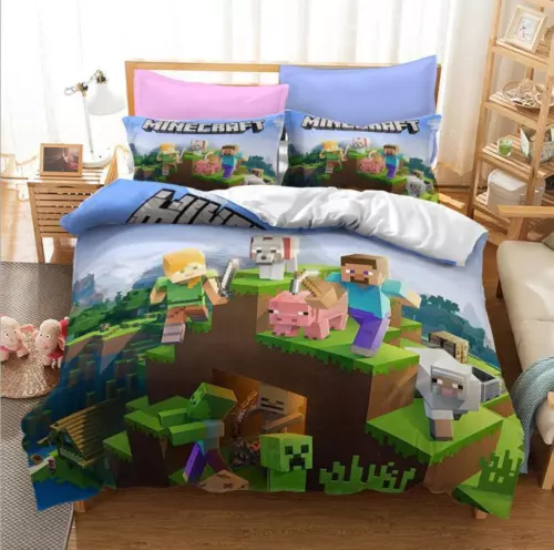 Set lenzuola Minecraft 3 pezzi trapunta copripiumino dormitorio singolo matrimoniale king size UK - Foto 5 di 25