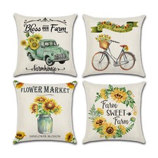 Set of 4 Pillow Covers 18x18, Vintage Sunflower Farmhouse Linen Fabric