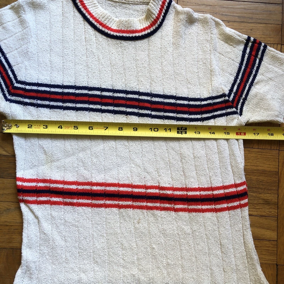 Vintage 1960s Striped Knit Short Sleeve Sweater S/M White Red Blue - Image 4 of 4