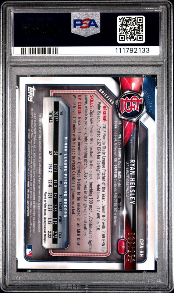 Ryan Helsley PSA 10 2018 Bowman Chrome /250 Purple Refractor Auto Autograph - Image 2 of 2