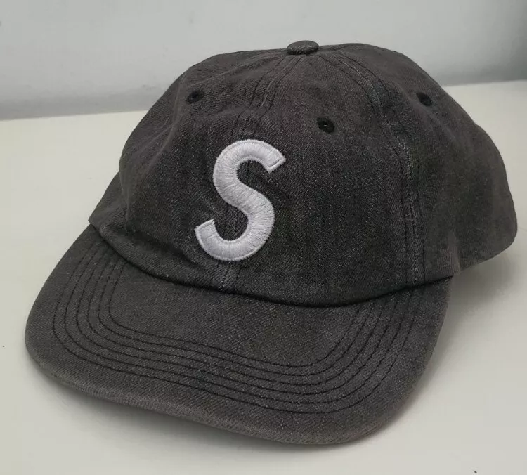 SS17 Supreme Washed Denim S Logo 6 Panel cap black hat grey