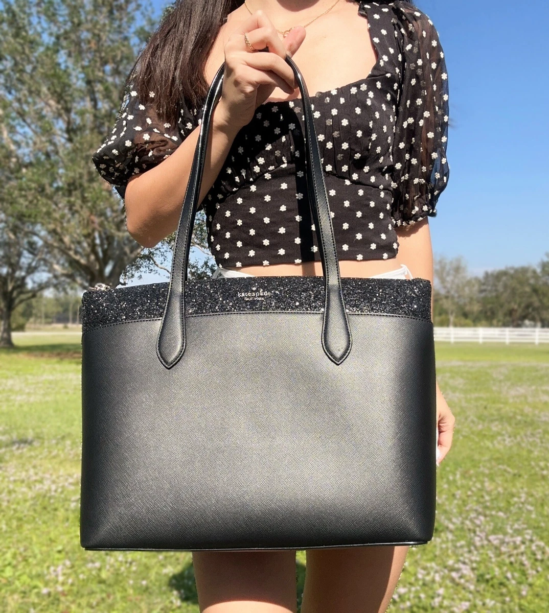 Kate Spade Greta Flash Large Glitter Top Zip Tote Black