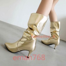 Fashion Pull on Slouch Pleated Mid-calf Boots for Women Kitten Heel Shoes Size