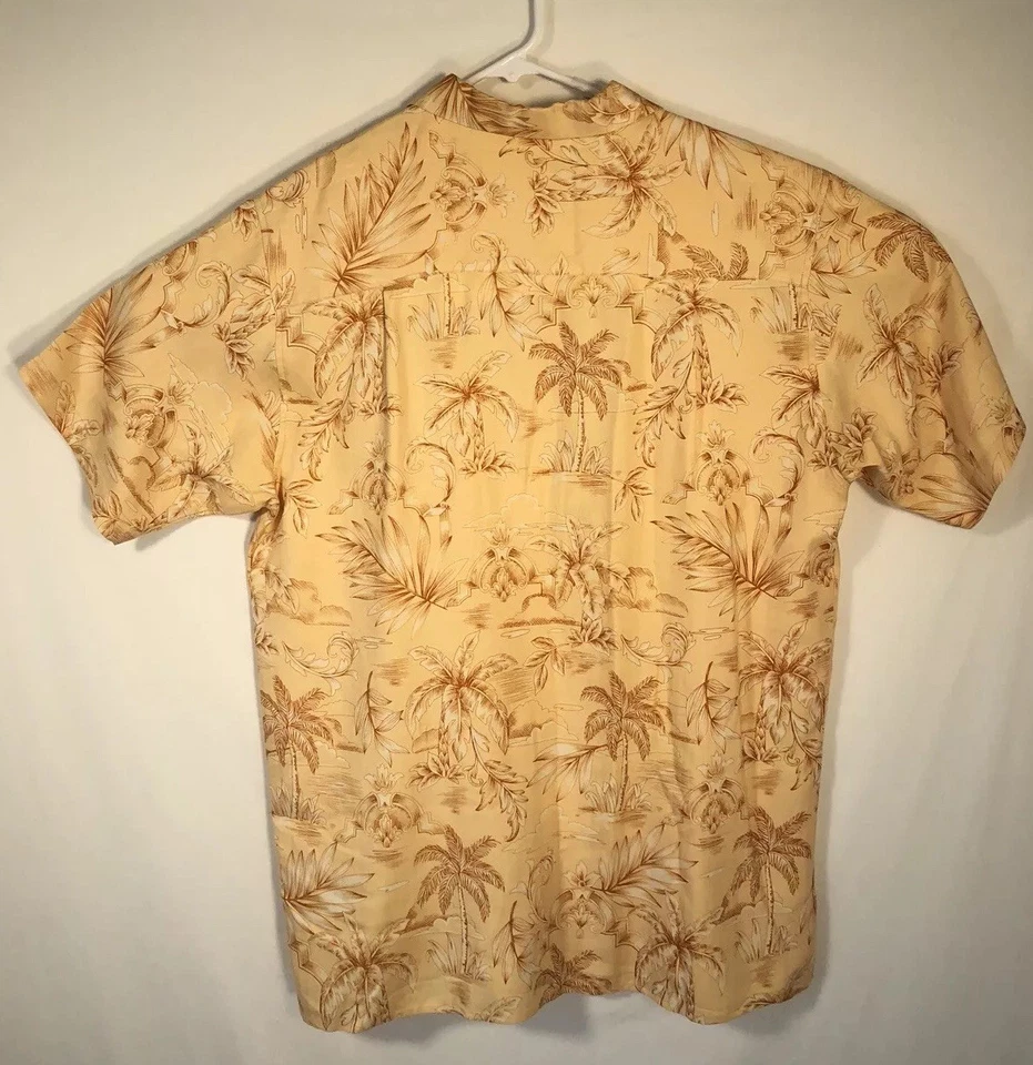 Camisa masculina TULLIANO M 100% seda havaiana amarela padrão palmeira manga curta - Imagem 2 de 4