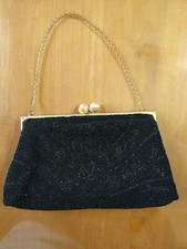 Vintage Purse Made In France Black Micro Bead Handbag Gold Frame Hand Made