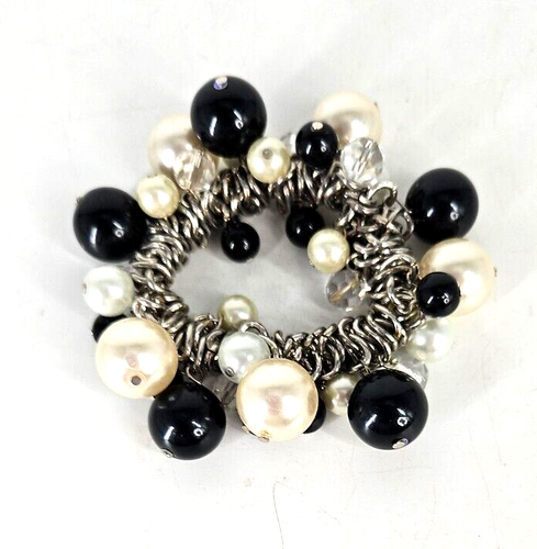 Chunky Black White Beaded Bracelet Chain Stretch Statement - Picture 2 of 5