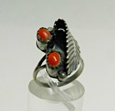 JWLE- 24 -- OLD PAWN hand crafted SILVER CORAL RING, SIZE 5