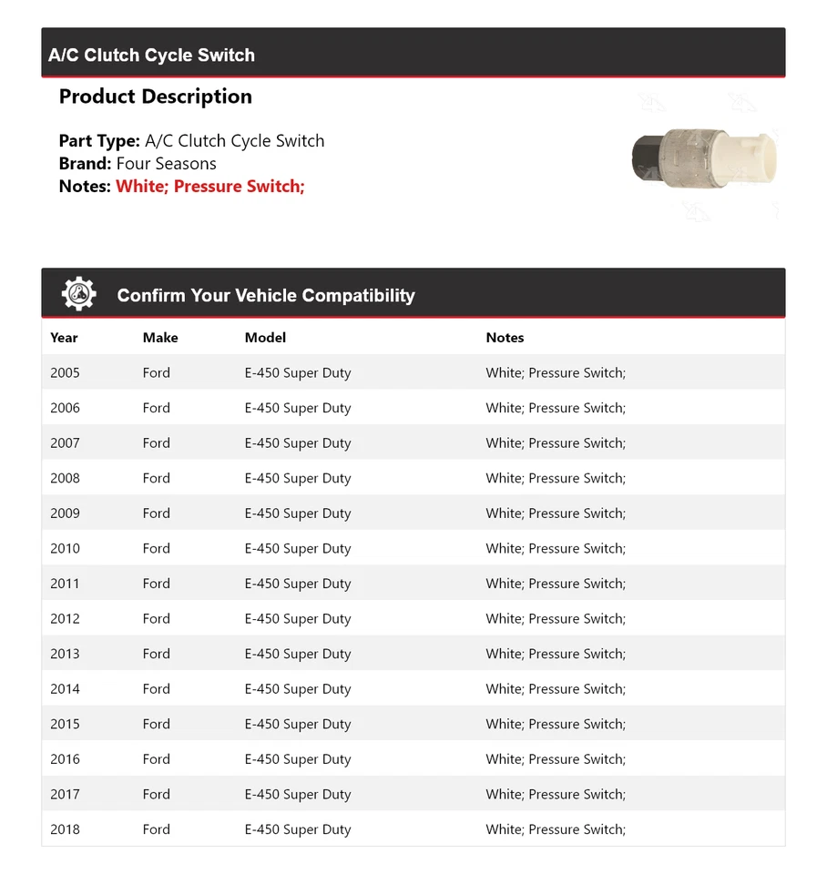 For 2005-2018 Ford E-450 Super Duty A/C Clutch Cycle Switch 4 Seasons 2006 2007 - Image 2 of 4