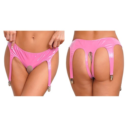 DE Damen Lackleder Tanga mit Strumpfband Höschen im Schritt Offen Unterwäsche - Bild 30 von 44