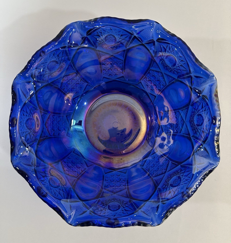 Vintage LE Smith Quintec Blue with Multi Color Iridescent Carnival Glass 8"Bowl - Picture 1 of 9