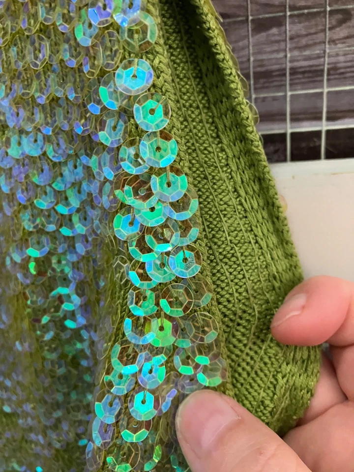 INC Iridescent Green All Over Sequin Silk Sweater Tank L Going Out Top 90s Party - Image 4 of 4