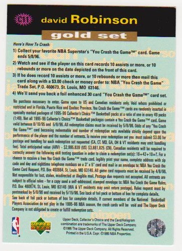 1995-96 Collector's Choice Crash The Game GOLD David Robinson #C11 Feb 15 Card - Picture 2 of 2