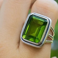 Genuine Peridot Gemstone Ring, 925 Sterling Silver Ring, Rectangle Per All Size