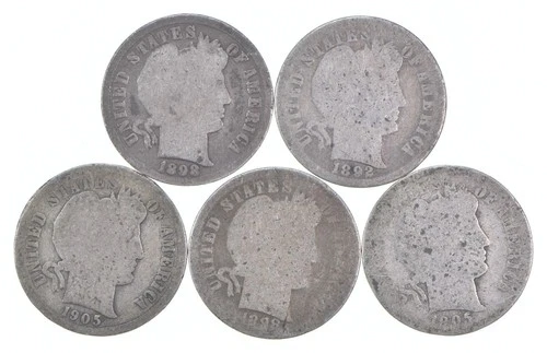 Better Lot 5 1898 1892 1905-S 1898 1905-S Barber Dime 0.50 Face *158
